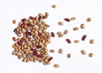 patterned kidney beans isolated white background. (Delicious mottled, raw common beans)