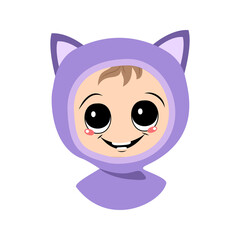 Avatar of a child with big eyes and a wide smile in a cat hat. A cute kid with a joyful face in an autumnal or winter headdress. Head of adorable baby with happy emotions