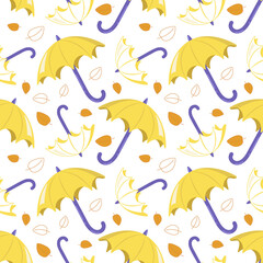 Fototapeta na wymiar Seamless pattern with yellow umbrellas and leaves on a white background. Cute autumn print for textiles, wrapping paper and design