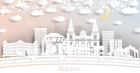Kochi India City Skyline in Paper Cut Style with White Buildings, Moon and Neon Garland.