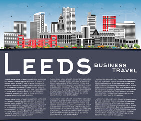 Leeds UK City Skyline with Color Buildings, Blue Sky and Copy Space.