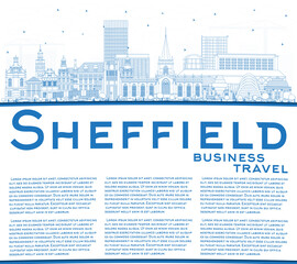 Outline Sheffield UK City Skyline with Blue Buildings and Copy Space.