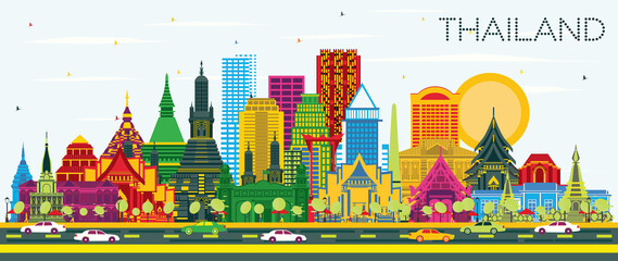 Obraz premium Thailand City Skyline with Color Buildings and Blue Sky.