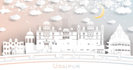 Udaipur India City Skyline in Paper Cut Style with White Buildings, Moon and Neon Garland.