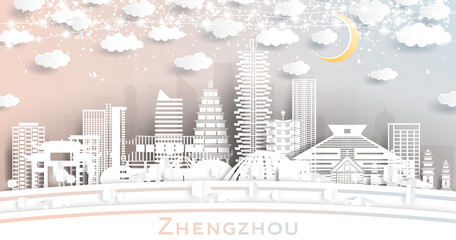 Zhengzhou China City Skyline in Paper Cut Style with White Buildings, Moon and Neon Garland.
