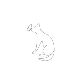 Butterfly flying near cat line drawing vector illustration