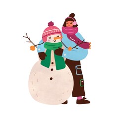 Cute happy girl hugging Xmas snowman. Funny portrait of smiling teenager child with Christmas snow man in winter scarf and hat. Colored flat vector illustration isolated on white background