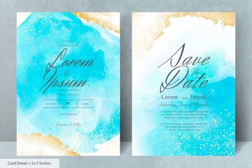 Set of Modern Wedding Invitation Template with Abstract Hand Drawn Liquid Watercolor