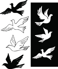 dove or pigeon black and white vector flying in the air, peace sign, freedom sign, hope, positive energy pure, holy, anti-war