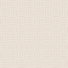 Neutral subtle geometric seamless vector pattern. Hatched lines in square grid design on light, cream, beige background. Modern, chic, minimal, abstract, woven style texture. Repeat wallpaper print.