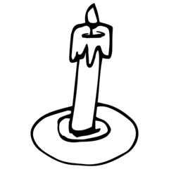 Vector image of a candle in a stand. Black outline, doodle. Hand-drawn. Design of posters, postcards, invitations, decoration of holidays and decor.