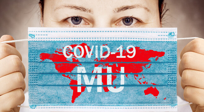 Women with safety mask from coronavirus. Covid 19 alpha, beta, gamma, delta, lambda, mu variants outbreak around the world