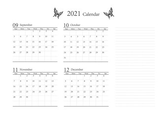 胡蝶 アゲハチョウ 2021年のシンプルなカレンダー 9月 10月 11月 12月 ベクター