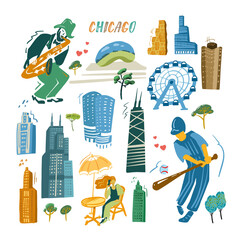 Obraz premium Chicago icons set. Traditional symbols, people and buildings full color vector illustration.