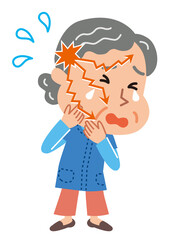 三叉神経痛で顔を痛がる高齢者女性のイラスト