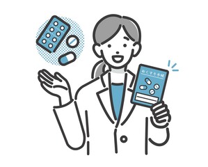 薬局でお薬手帳や薬の説明をする薬剤師のバストアップのベクターイラスト素材／医者／医療従事者