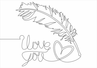 feather pen writing I love you. Greeting vector illustration for Valentine day. continuous line drawing