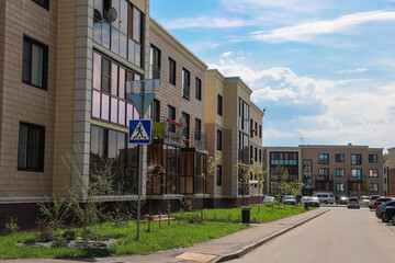 A low-rise residential block in the new Moscow. Three-storey modern houses, residential area