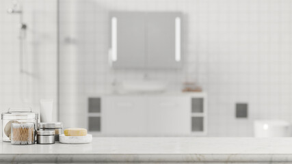 Hotel bathroom concept, Marble tabletop and mockup space with bathing amenities over bathroom, 3d rendering