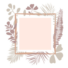 Floral square border frame with palm leaves and tropical plants. Copy space for text. Flat vector illustration isolated on white background.