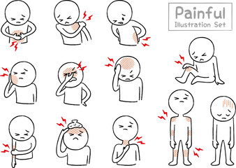痛みや体調不良のイメージイラストセット（手描き）