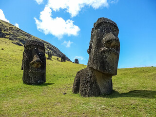 Moai statues on Easter Island. Ahu Tongariki against Blue Sky, Chile, South America