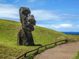 Moai statues on Easter Island. Ahu Tongariki against Blue Sky, Chile, South America