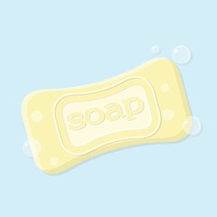 Illustration of a solid bar of soap with bubbles. Yellow solid soap with an inscription.