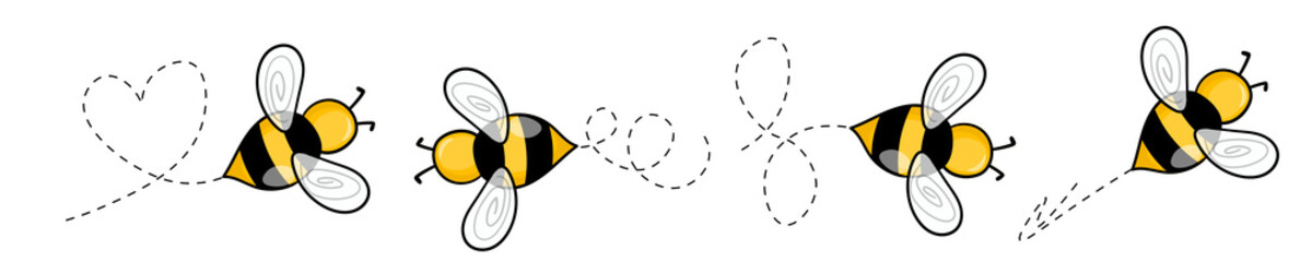 Set of cartoon bee mascot. A small bees flying on a dotted route. Wasp collection. Vector characters. Incest icon. Template design for invitation, cards. Doodle style