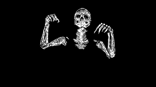 Seamless animation of skeletons dancing thriller in printed drawn style cartoon. Funky halloween background with marker stroke effect in black and white.