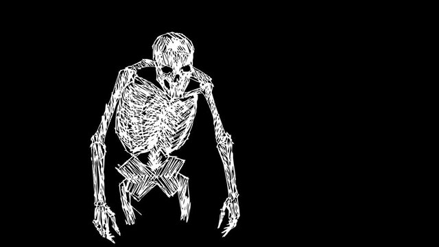 Seamless animation of skeletons dancing thriller in printed drawn style cartoon. Funky halloween background with marker stroke effect in black and white.