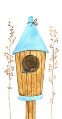 cute watercolor vintage birdhouse  made of brown wood with a blue roof and bows isolated on a white background with dry herbs and flowers