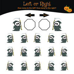 Left or Right Halloween Game for Children. Halloween math worksheet. Educational printable math worksheet. Vector illustration. Education worksheet to count how many are left and right. 