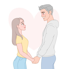 Obraz premium Happy couple in love holding hands. Cartoonvector illustration.