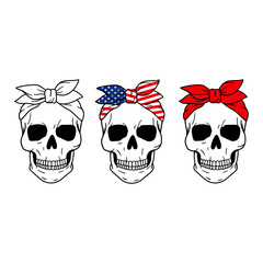 Set of skulls. Skull with red bandana. American Flag Print. Halloween. Vector illustration. Isolated on white background.