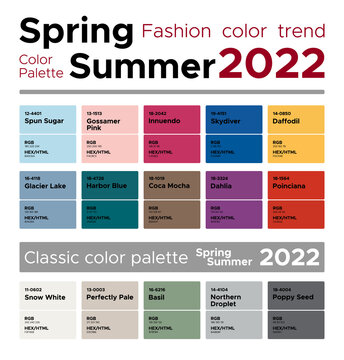 Fashion color trends Spring Summer 2022. Palette fashion colors guide with named color swatches, RGB, HEX colors.