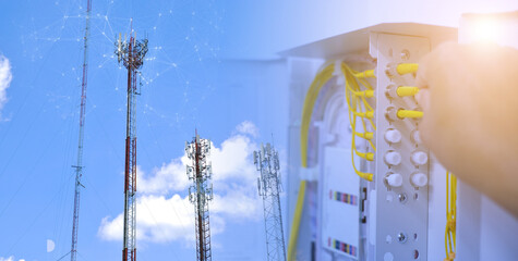 Fiber Optic Distribution Unit (FDU) on wall mount with Cell phone tower. High-speed of communication and telecommunication concept.