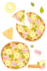 Whole and sliced Hawaiian pizza with pineapple, ham, cheese, basil and olive. Italian food. Cartoon style.