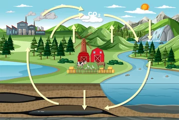Fototapeten Carbon cycle diagram with nature farm landscape © blueringmedia
