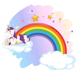 Obraz na płótnie Canvas Cute unicorn laying on cloud in the pastel sky with rainbow