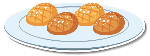 Breads on plate sticker on white background