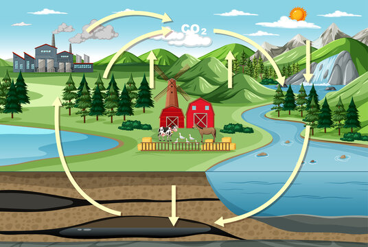 Carbon cycle diagram with nature farm landscape