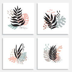 wall art vector set. Foliage line art drawing with abstract shape. Abstract Plant Art design for print, cover, wallpaper, Minimal and natural wall art. Vector illustration.