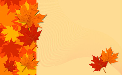 Vector layout for Autumn concept background, maple leaves flow with smooth line, blank space for text, orange tone. Template for poster, web, and print.