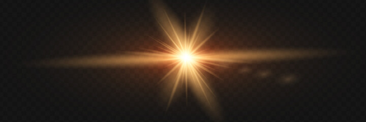 Yellow glowing light explodes on a transparent background. Sparkling magical dust particles. Bright Star. Transparent shining sun, bright flash. Vector sparkles. To center a bright flash