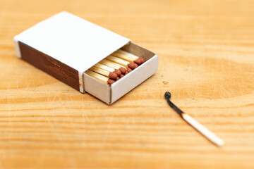 Selective focus wooden matches,cardboard,burnt match.Matchsticks on yellow wooden background.Copy space.Closeup.