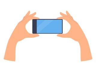 Hands holds smartphone with blank screen. Template for social networks and business. Flat illustration isolated on white background