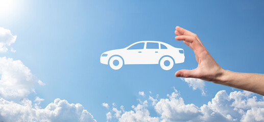 Digital composite of Man holding car icon.Car automobile insurance and car services concept....