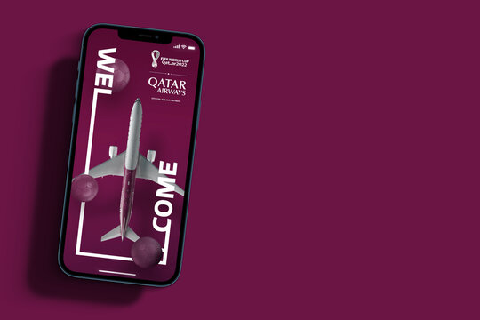 Qatar Airways app on smartphone screen on purple background. Rio de Janeiro, RJ, Brazil. September 2021.