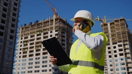 Man wearing helmet and safety vest talking on phone and checking plans on map-case, multistory...